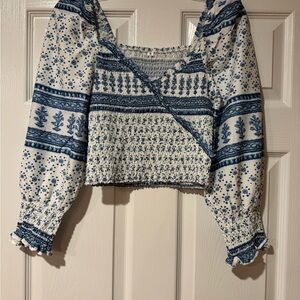 Blue and White Patterned Blouse